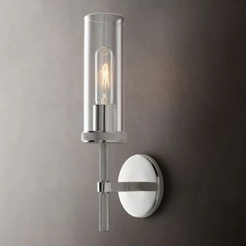 RoyaleGlow Farmhouse Brass Wall Sconce with Clear Cylinder Glass Shade - Royale Basic