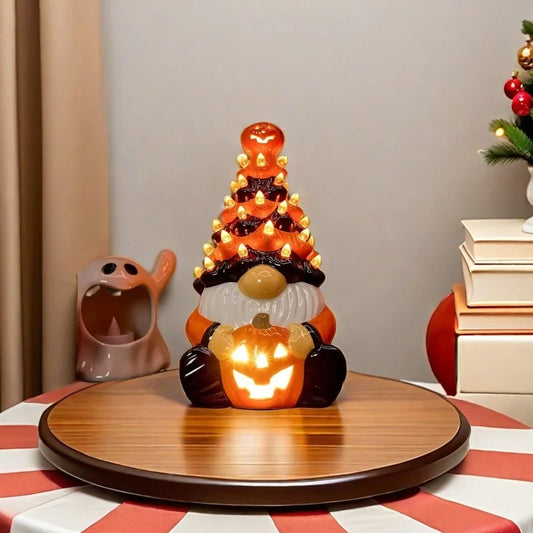 Light Up Ceramic Gnomes Halloween Tree, 8.6" Ceramic Tree with Pumpkin Bat - Vintage Orange Halloween Figurines for Bedroom Nigh 0