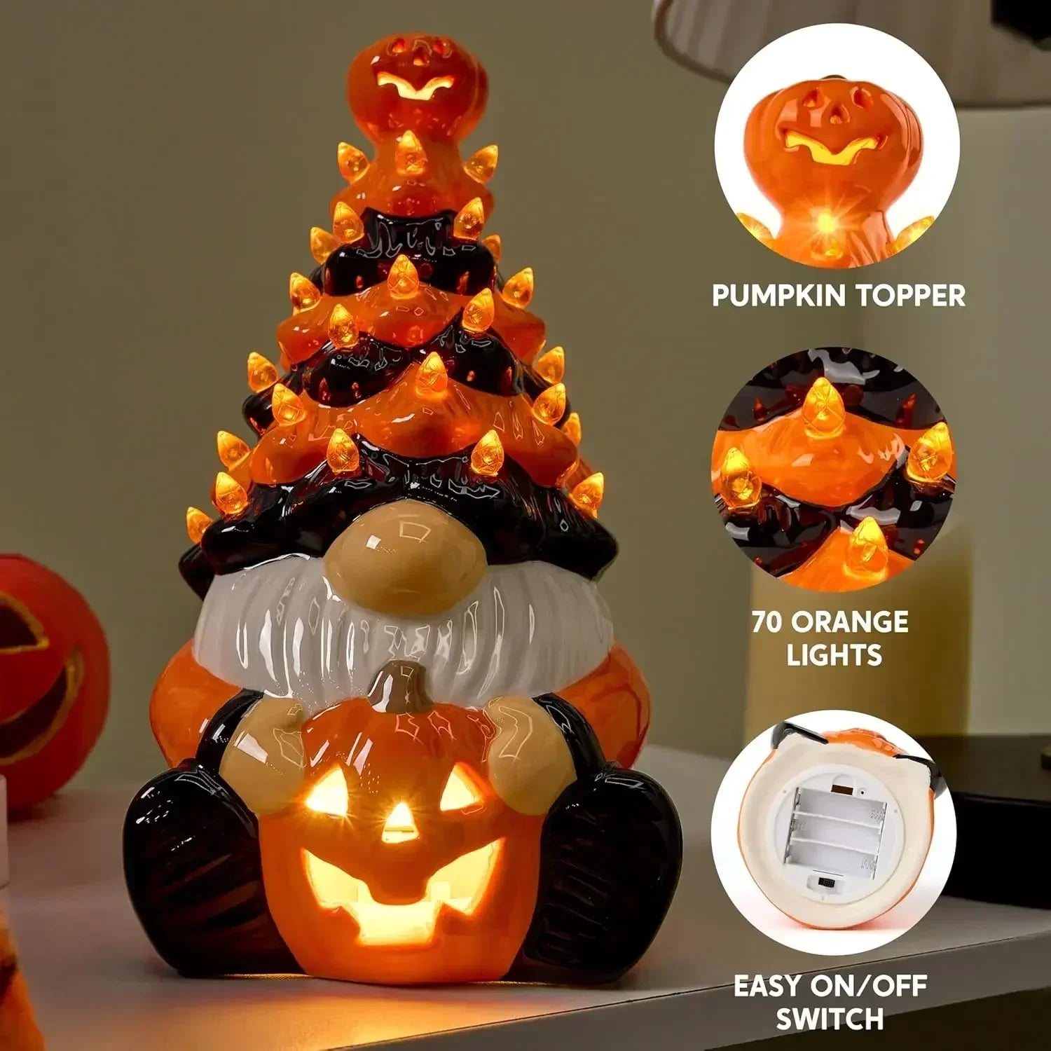 Light Up Ceramic Gnomes Halloween Tree, 8.6" Ceramic Tree with Pumpkin Bat - Vintage Orange Halloween Figurines for Bedroom Nigh 1