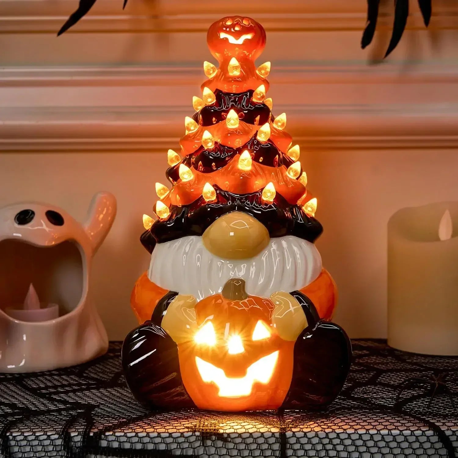 Light Up Ceramic Gnomes Halloween Tree, 8.6" Ceramic Tree with Pumpkin Bat - Vintage Orange Halloween Figurines for Bedroom Nigh 2