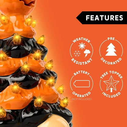 Light Up Ceramic Gnomes Halloween Tree, 8.6" Ceramic Tree with Pumpkin Bat - Vintage Orange Halloween Figurines for Bedroom Nigh 3