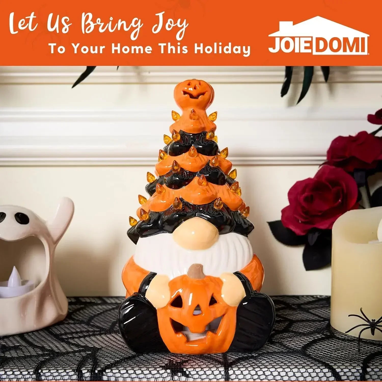 Light Up Ceramic Gnomes Halloween Tree, 8.6" Ceramic Tree with Pumpkin Bat - Vintage Orange Halloween Figurines for Bedroom Nigh 4