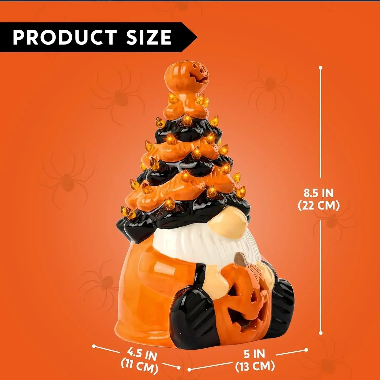 Light Up Ceramic Gnomes Halloween Tree, 8.6" Ceramic Tree with Pumpkin Bat - Vintage Orange Halloween Figurines for Bedroom Nigh 5