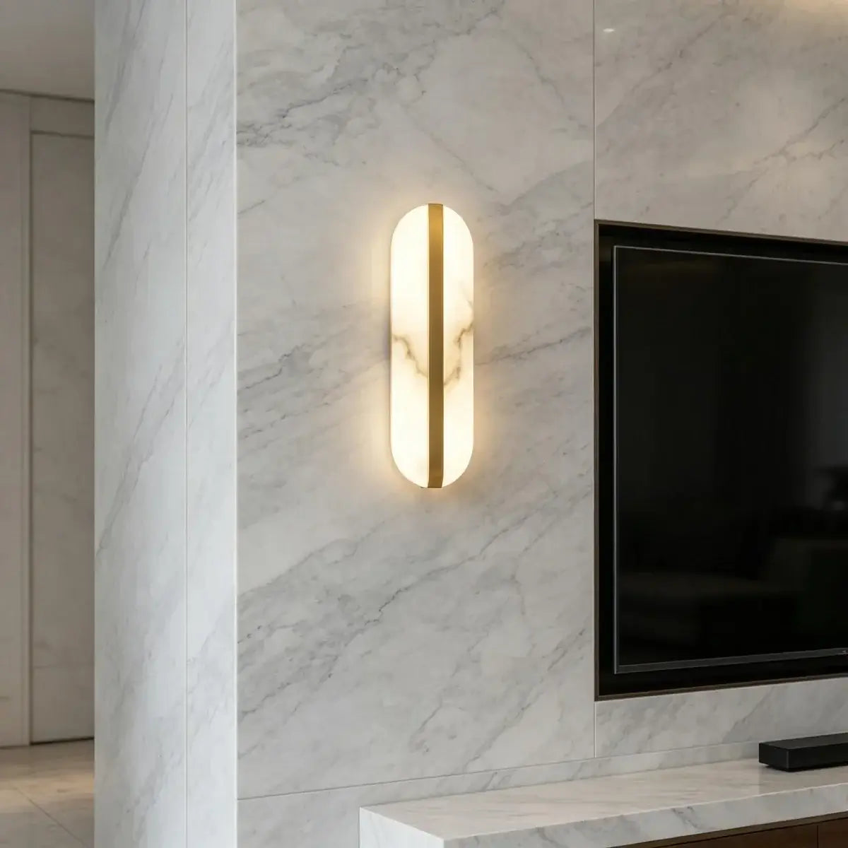 Royelux Modern Alabaster Wall Sconce - Long Ellipse Double Lamp Fixture - Royale Basic
