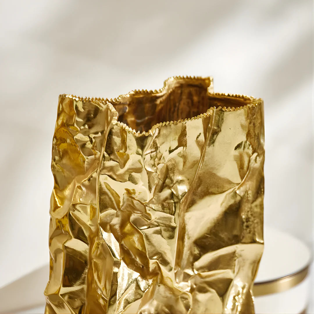 RoyaleGlow Crinkled Gold Metal Vase - Modern Luxury Home Decor Accent