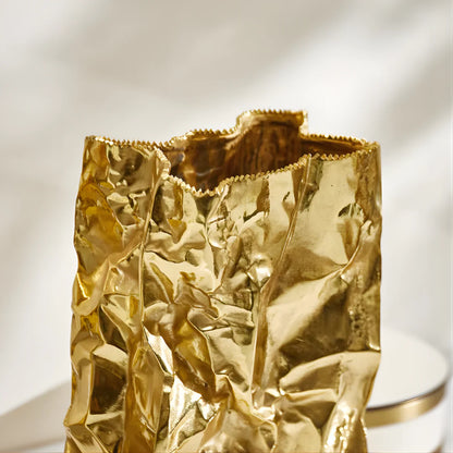 RoyaleGlow Crinkled Gold Metal Vase - Modern Luxury Home Decor Accent