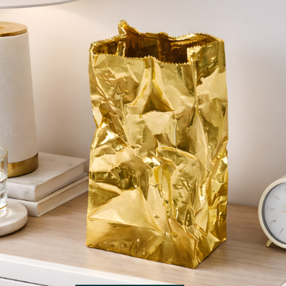 RoyaleGlow Crinkled Gold Metal Vase - Modern Luxury Home Decor Accent