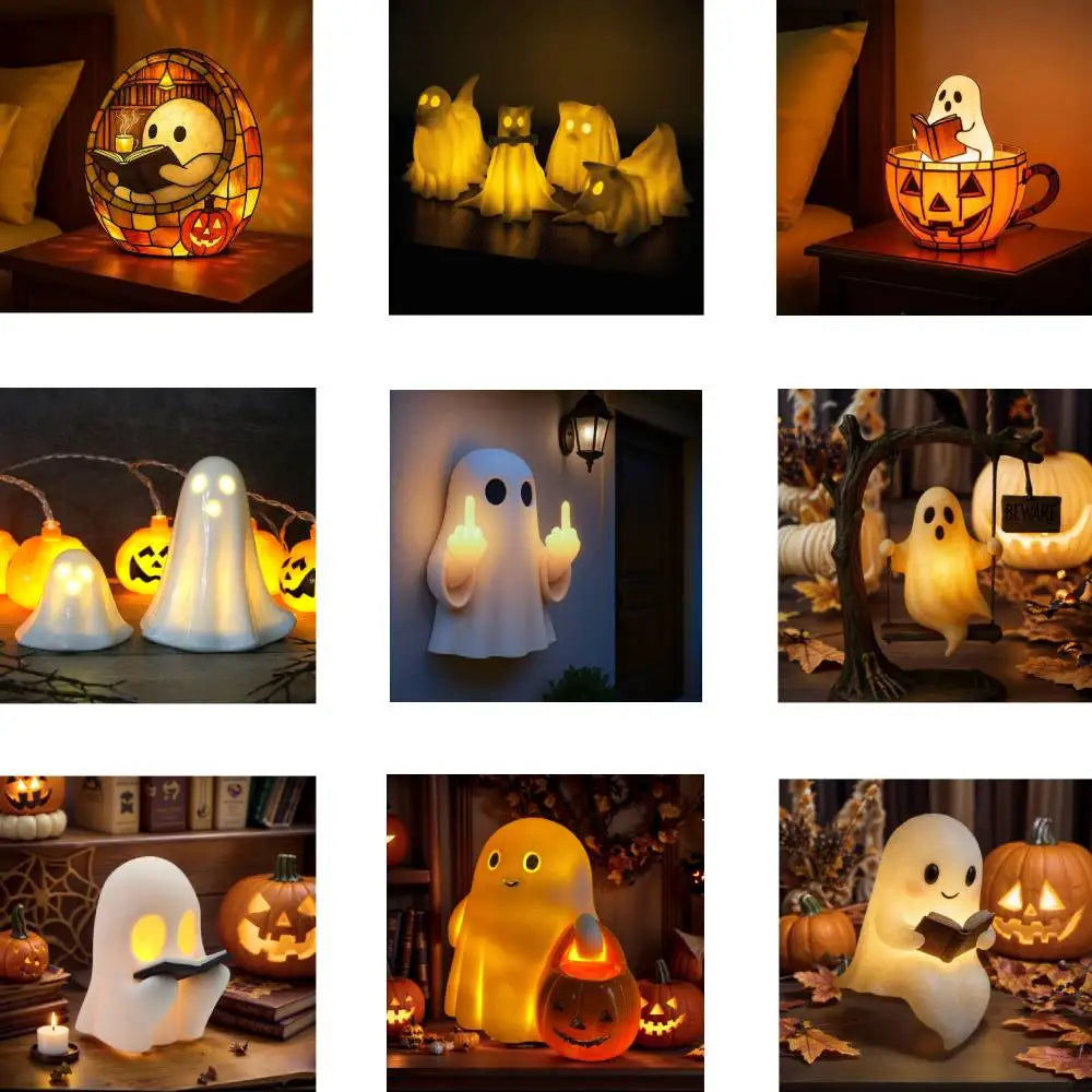 Lovely Ghost Reading Book Lamp Halloween LED Ghost Dog Night Light Middle Finger Ghost Statue Figurines Ornaments Home Decor 0