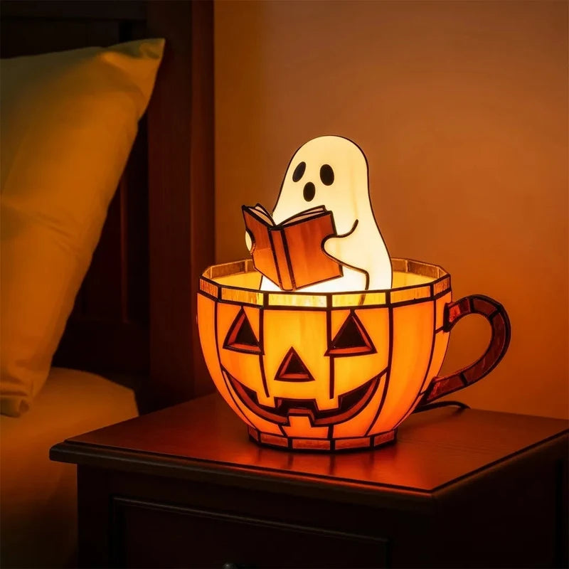 Lovely Ghost Reading Book Lamp Halloween LED Ghost Dog Night Light Middle Finger Ghost Statue Figurines Ornaments Home Decor 16