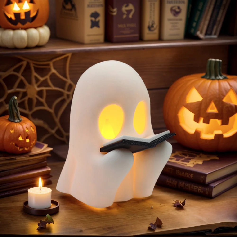 Lovely Ghost Reading Book Lamp Halloween LED Ghost Dog Night Light Middle Finger Ghost Statue Figurines Ornaments Home Decor 3