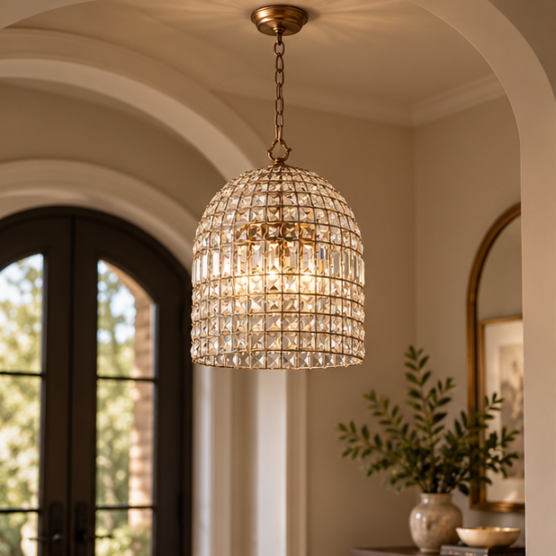 LuxRoyale Crystal Caged Pendant Lamp Woven Dome Hanging Light
