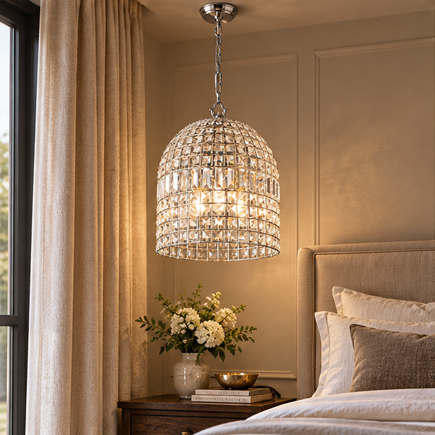 LuxRoyale Crystal Caged Pendant Lamp Woven Dome Hanging Light