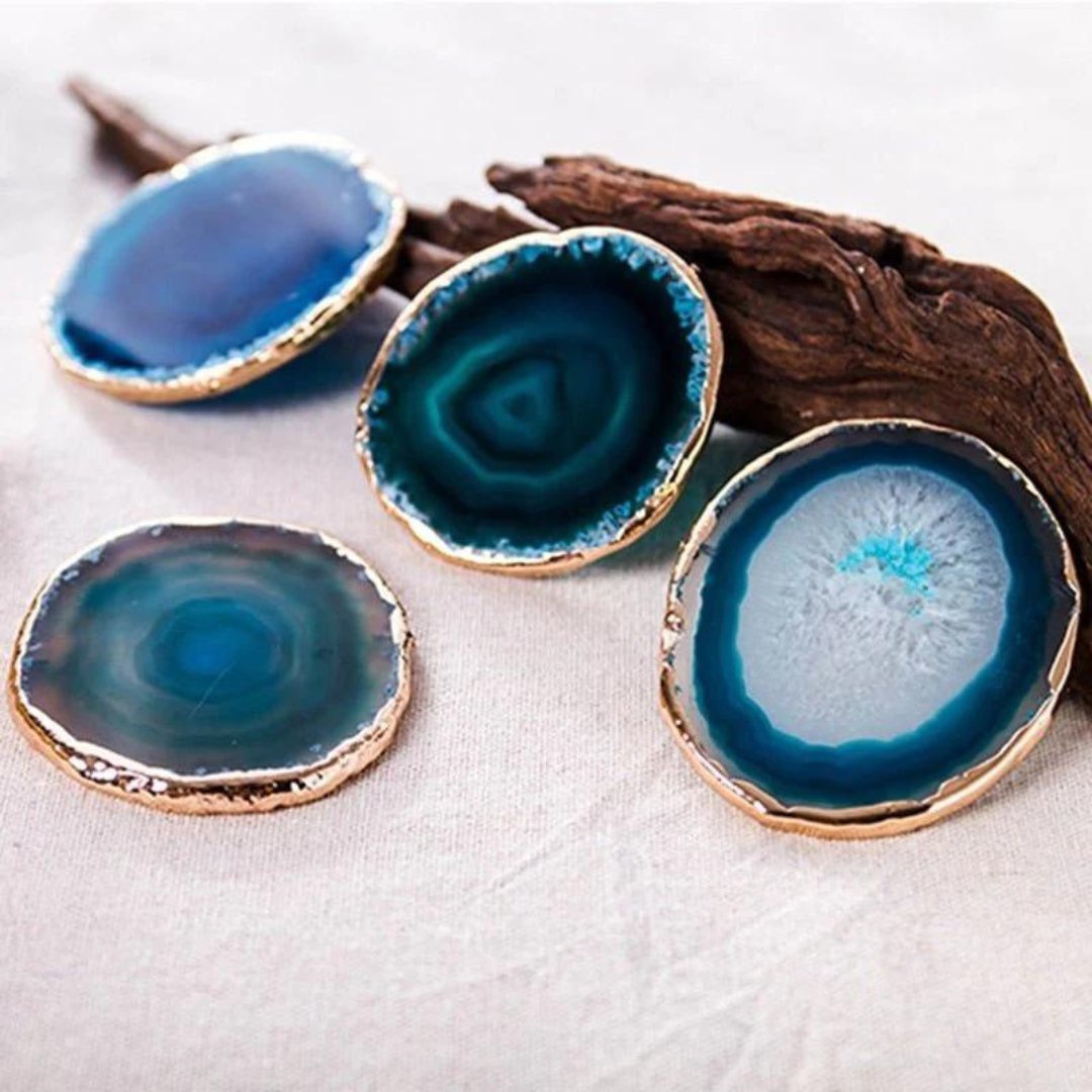 Luxora Blue Agate Coaster Set with Gold Edges - Unique Stone Coasters for Home Decor 0