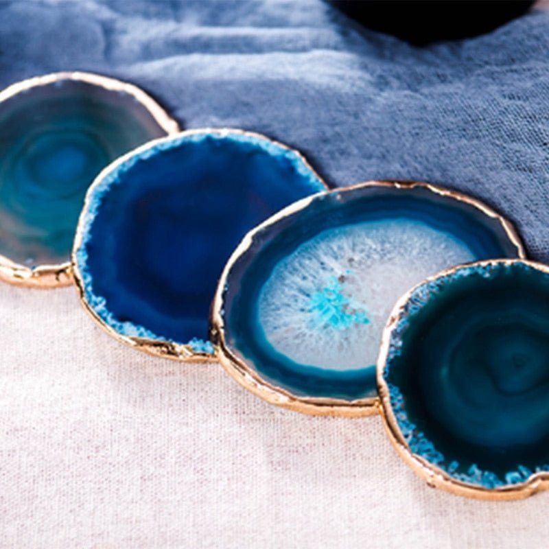 Luxora Blue Agate Coaster Set with Gold Edges - Unique Stone Coasters for Home Decor 3