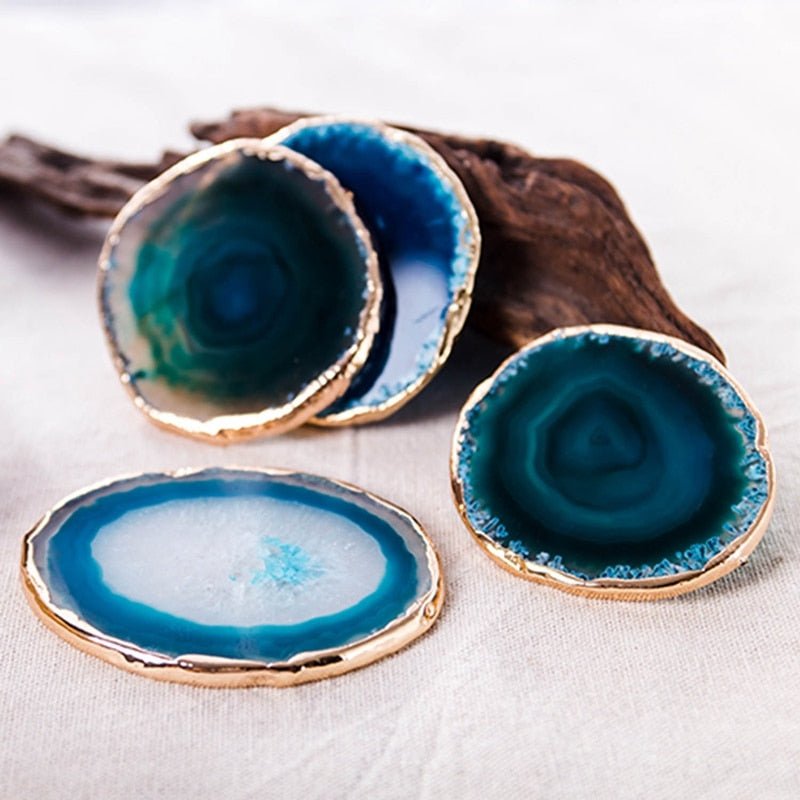 Luxora Blue Agate Coaster Set with Gold Edges - Unique Stone Coasters for Home Decor 4