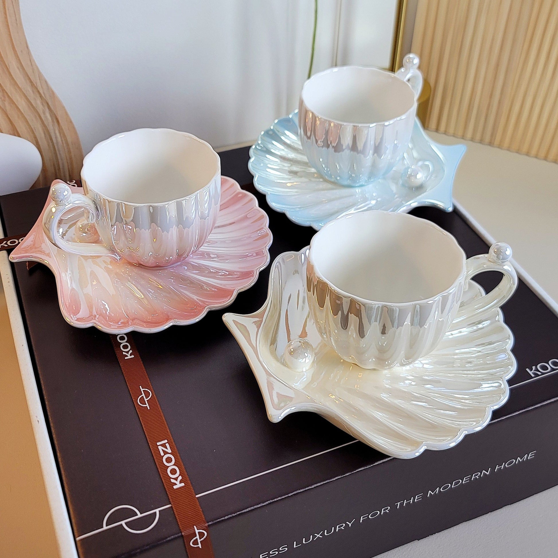 Luxora Mermaid Tea Cup Set with Iridescent Shell Design for Coastal Elegance 0