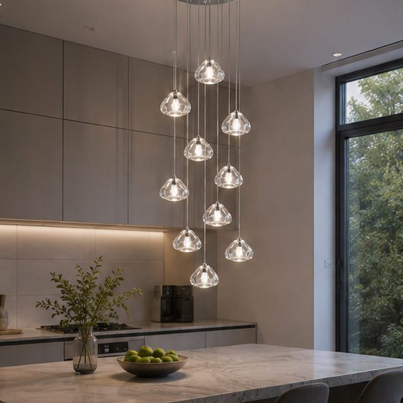 Luxurious designer crystal chandelier for modern spiral staircase