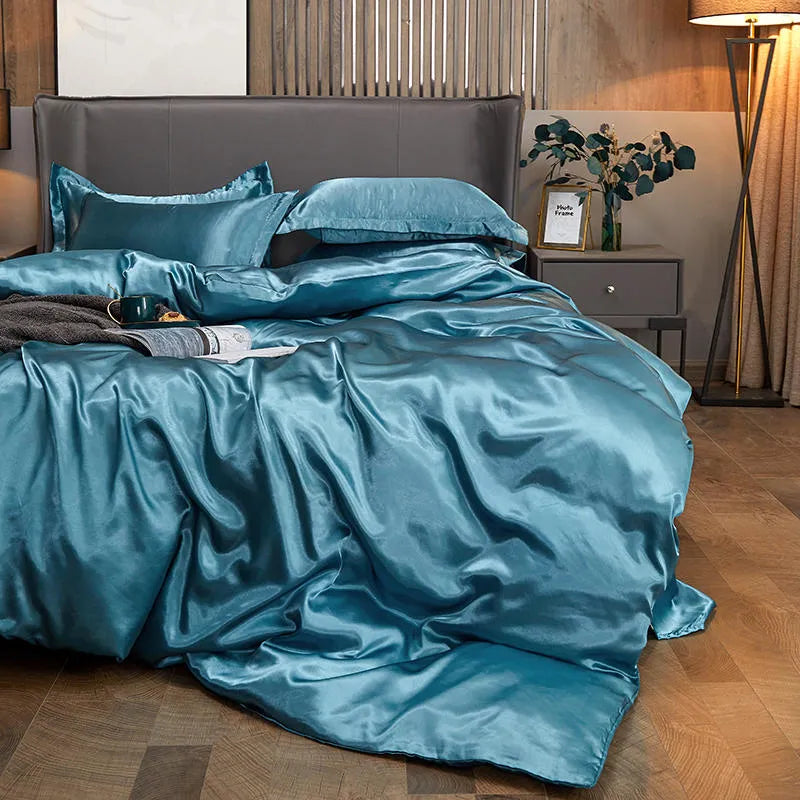 Royaleva Opulent Aqua Silk Satin Bedding Set for Luxurious Sleep