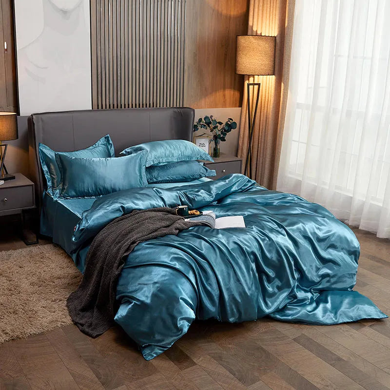 Royaleva Opulent Aqua Silk Satin Bedding Set for Luxurious Sleep