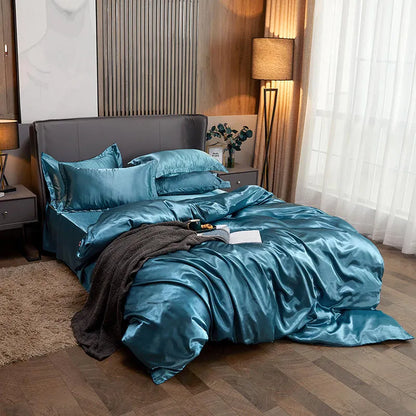 Royaleva Opulent Aqua Silk Satin Bedding Set for Luxurious Sleep