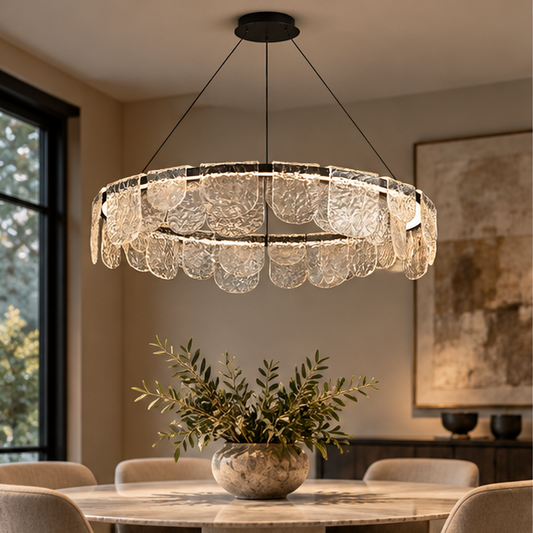 RoyaleGlow Modern Scalloped Glass LED Chandelier - Remote Dimmable Hanging Light Fixture