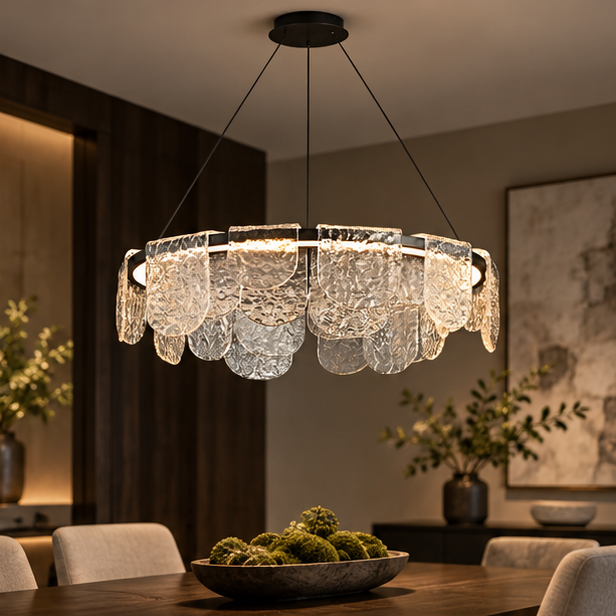 RoyaleGlow Modern Scalloped Glass LED Chandelier - Remote Dimmable Hanging Light Fixture