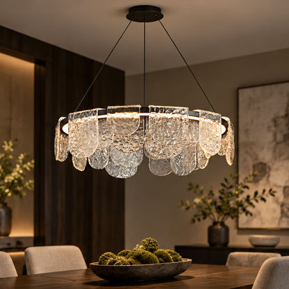 RoyaleGlow Modern Scalloped Glass LED Chandelier - Remote Dimmable Hanging Light Fixture