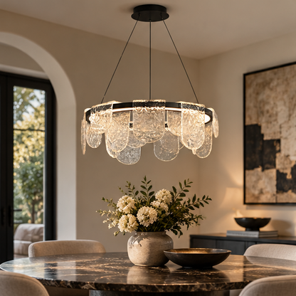 RoyaleGlow Modern Scalloped Glass LED Chandelier - Remote Dimmable Hanging Light Fixture