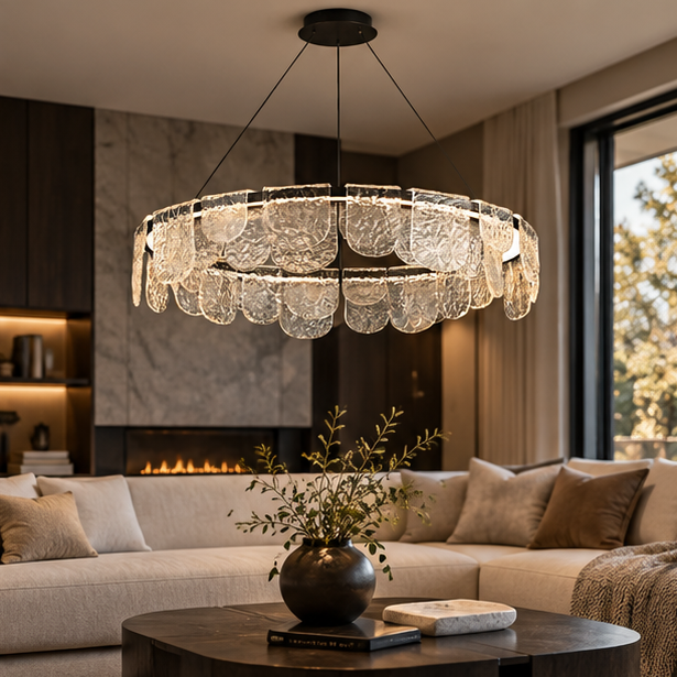 RoyaleGlow Modern Scalloped Glass LED Chandelier - Remote Dimmable Hanging Light Fixture