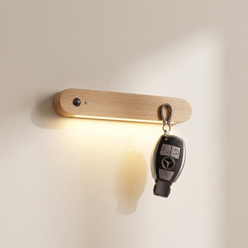 Magnetic Wooden Key Holder, Motion Sensor LED Light, 500 mAh Rechargeable Battery