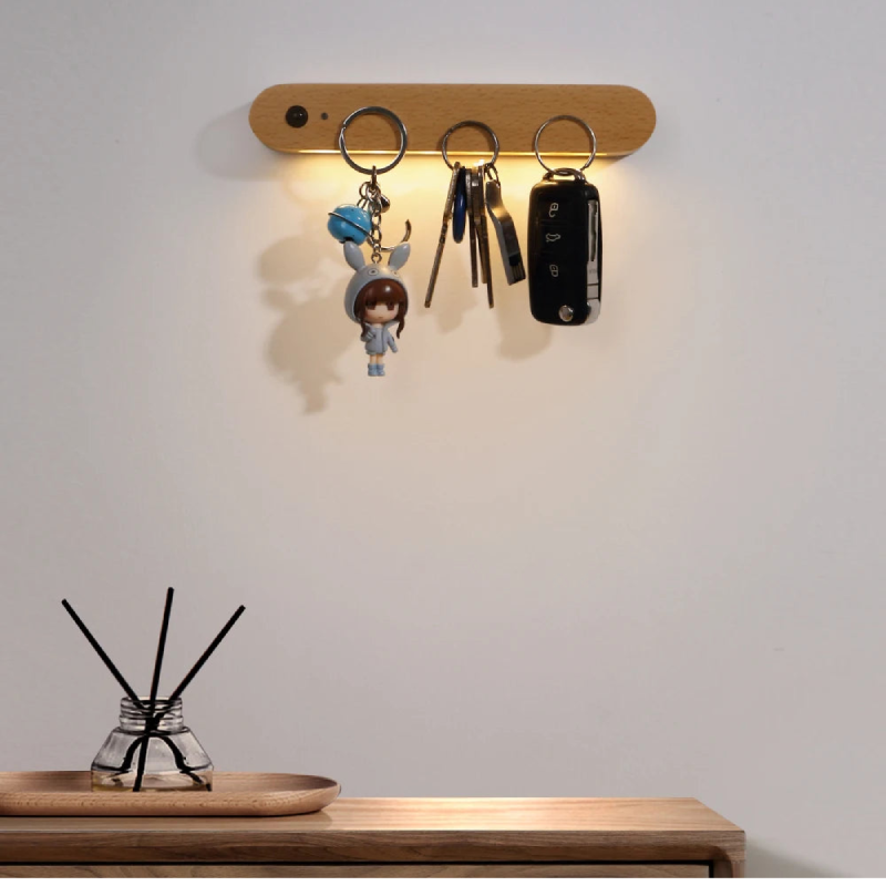 Magnetic Wooden Key Holder, Motion Sensor LED Light, 500 mAh Rechargeable Battery