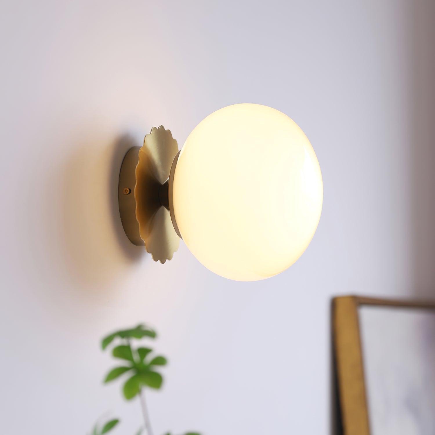 LuxRoyale Marshmallo Glass Ball Wall Sconce with Brass Backplate for Bedroom & Bedside