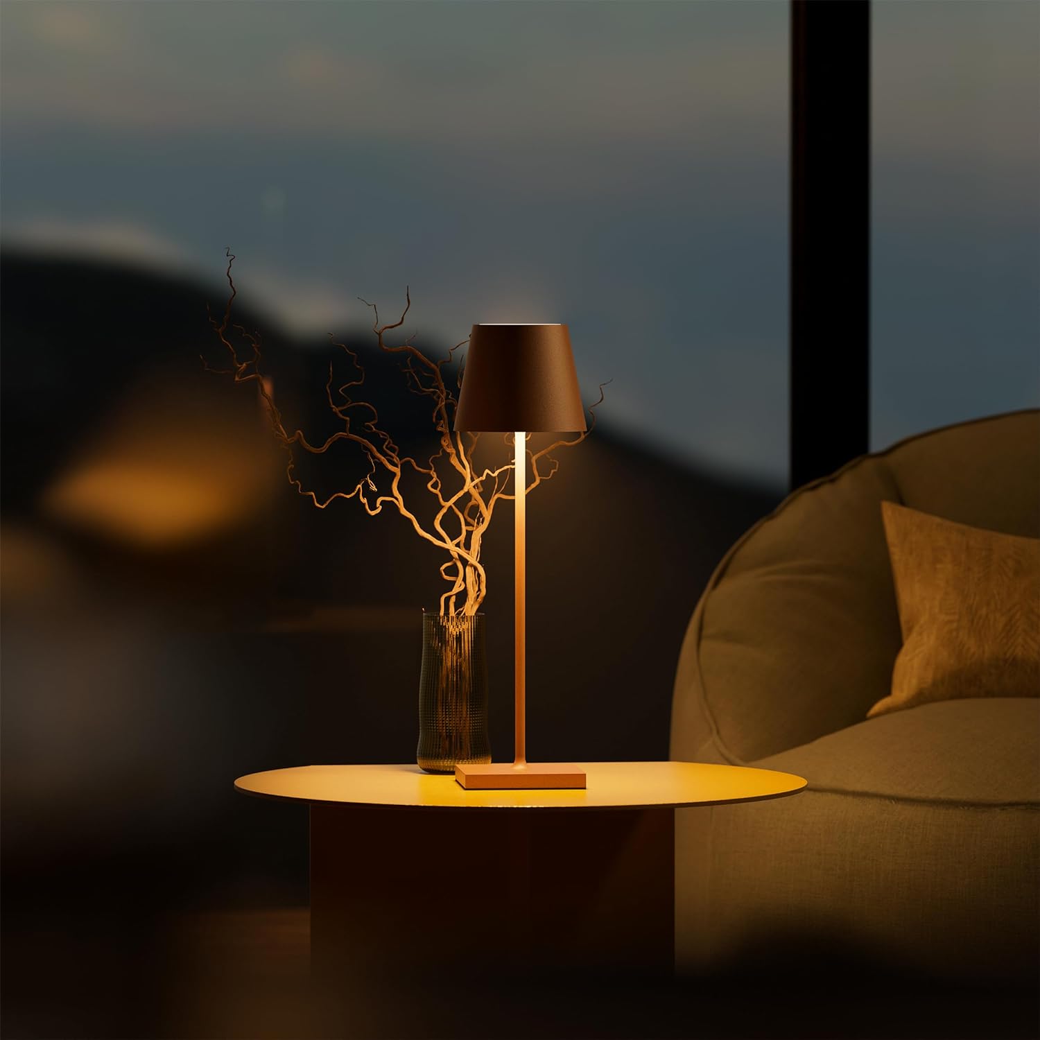 Dimmable Tall Table Lamp - Touch-Activated, USB-C Rechargeable Modern Lighting - Matte Brown