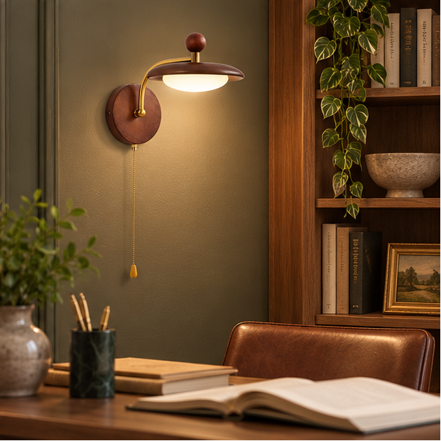 Royelux Modern Wood Wall Sconce - Mid Century Brass Pull Chain Light Fixture