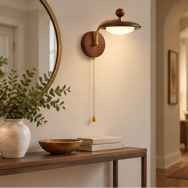 Royelux Modern Wood Wall Sconce - Mid Century Brass Pull Chain Light Fixture