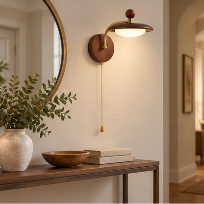 Royelux Modern Wood Wall Sconce - Mid Century Brass Pull Chain Light Fixture