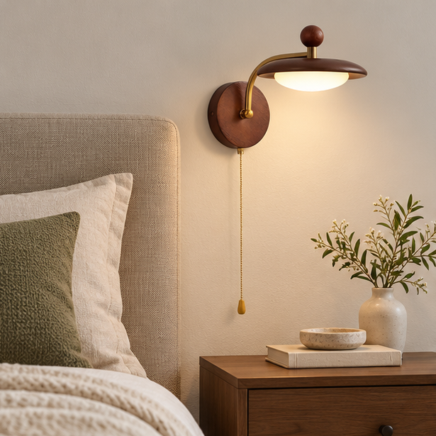 Royelux Modern Wood Wall Sconce - Mid Century Brass Pull Chain Light Fixture