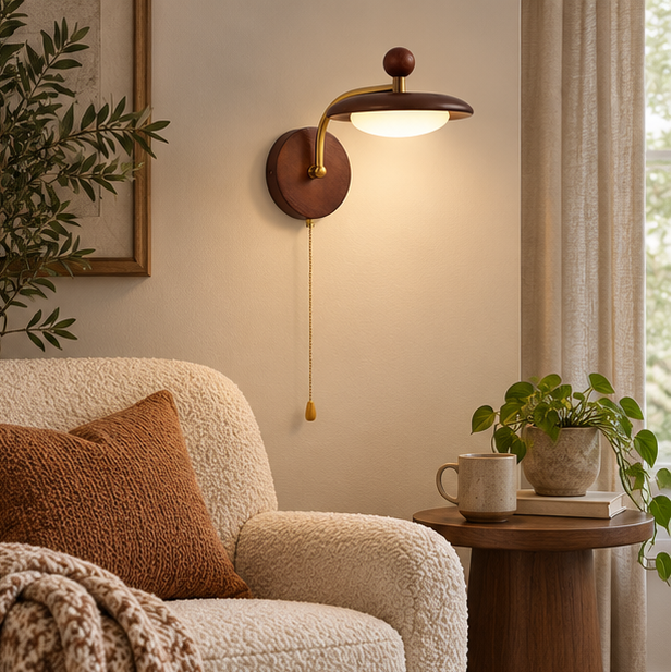 Royelux Modern Wood Wall Sconce - Mid Century Brass Pull Chain Light Fixture