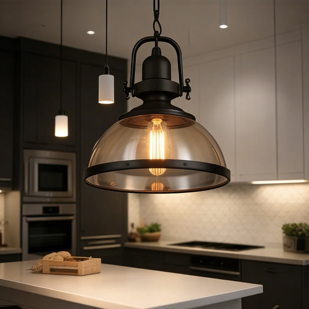 LuxRoyale Industrial Glass Pendant Light, Mid-Century Vintage Iron Dome Hanging Lamp