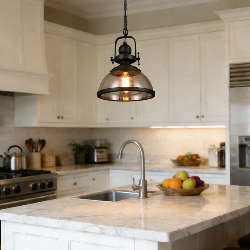LuxRoyale Industrial Glass Pendant Light, Mid-Century Vintage Iron Dome Hanging Lamp