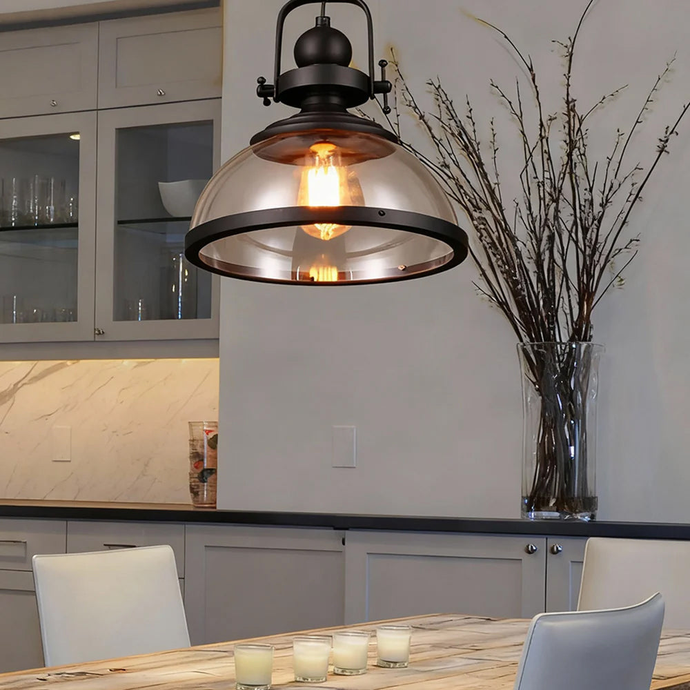 LuxRoyale Industrial Glass Pendant Light, Mid-Century Vintage Iron Dome Hanging Lamp