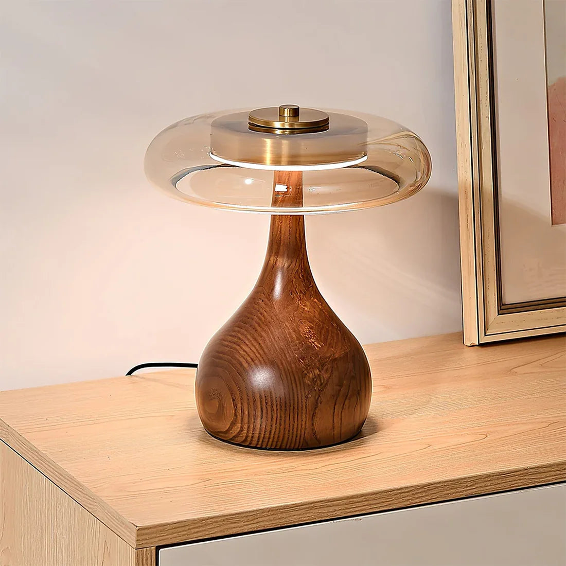 Mid-Century Wood & Glass Disc Table Lamp 0