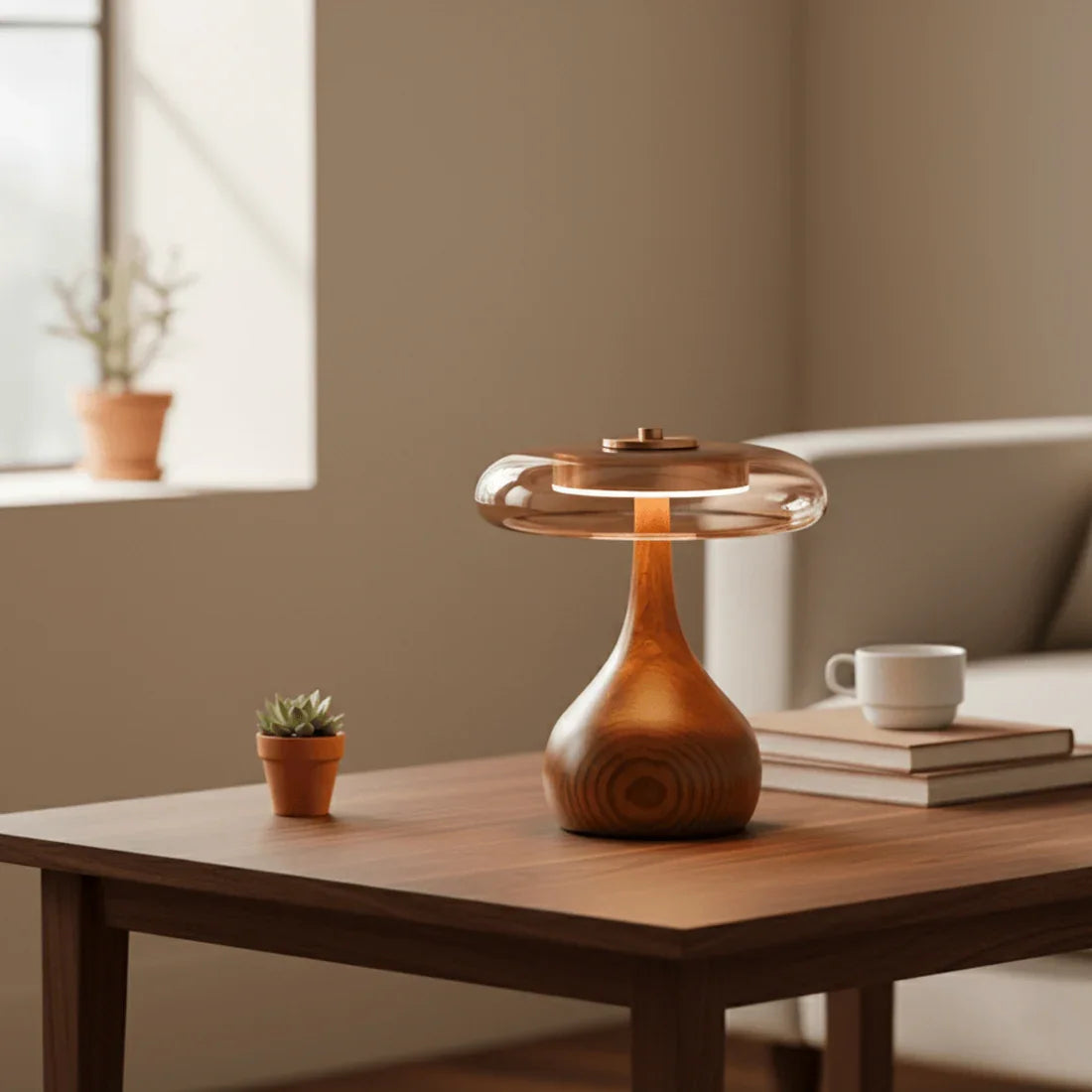 Mid-Century Wood & Glass Disc Table Lamp 1