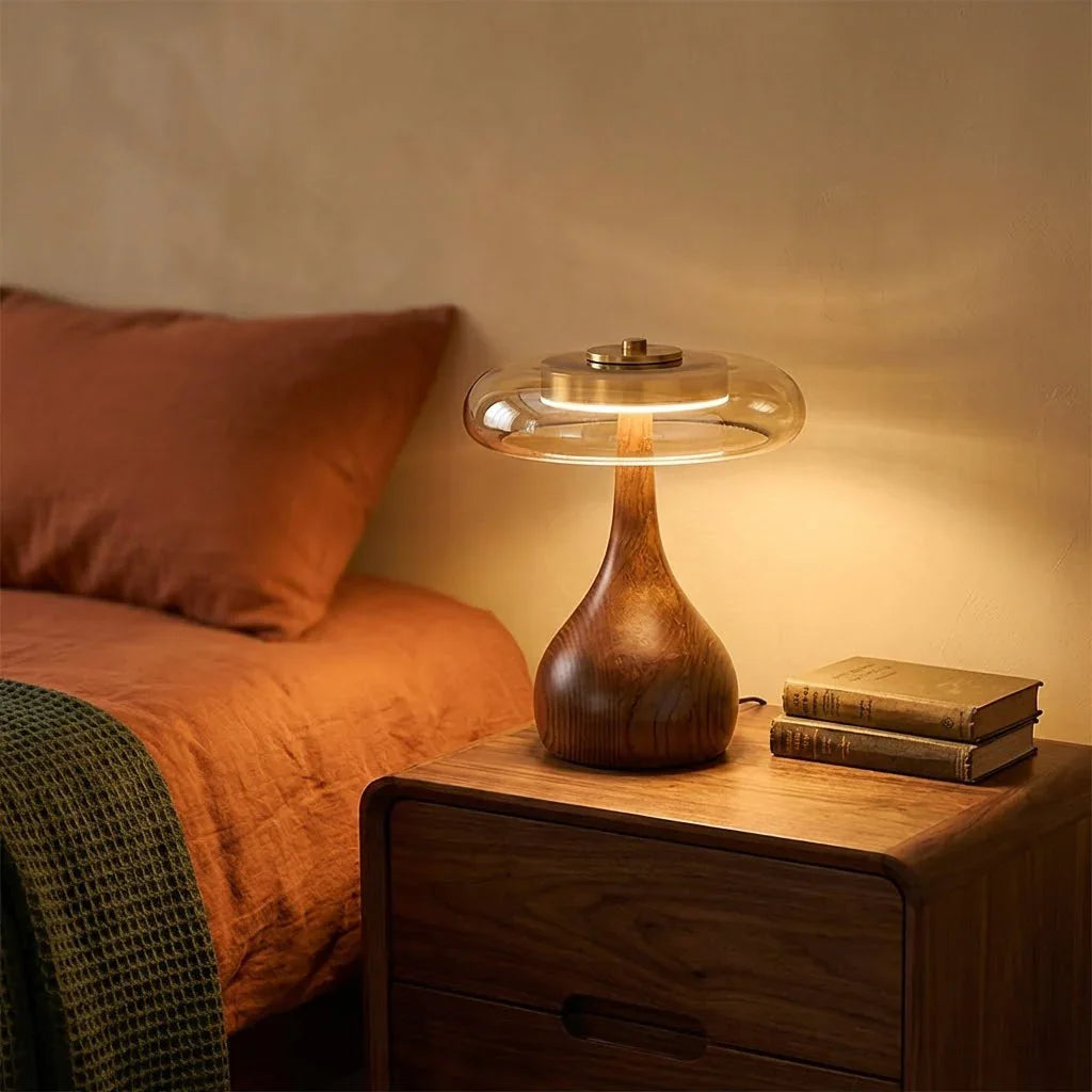 Mid-Century Wood & Glass Disc Table Lamp 3