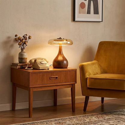 Mid-Century Wood & Glass Disc Table Lamp 4