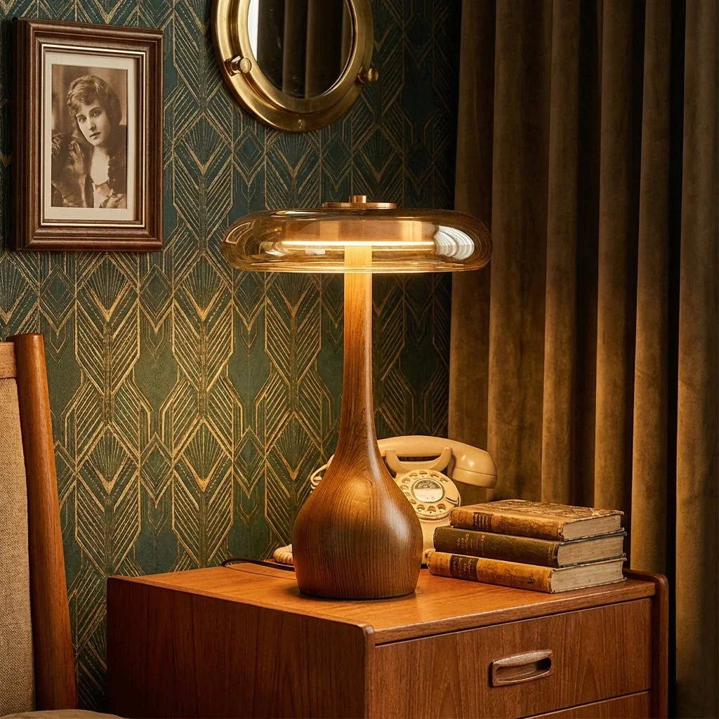Mid-Century Wood & Glass Disc Table Lamp 5
