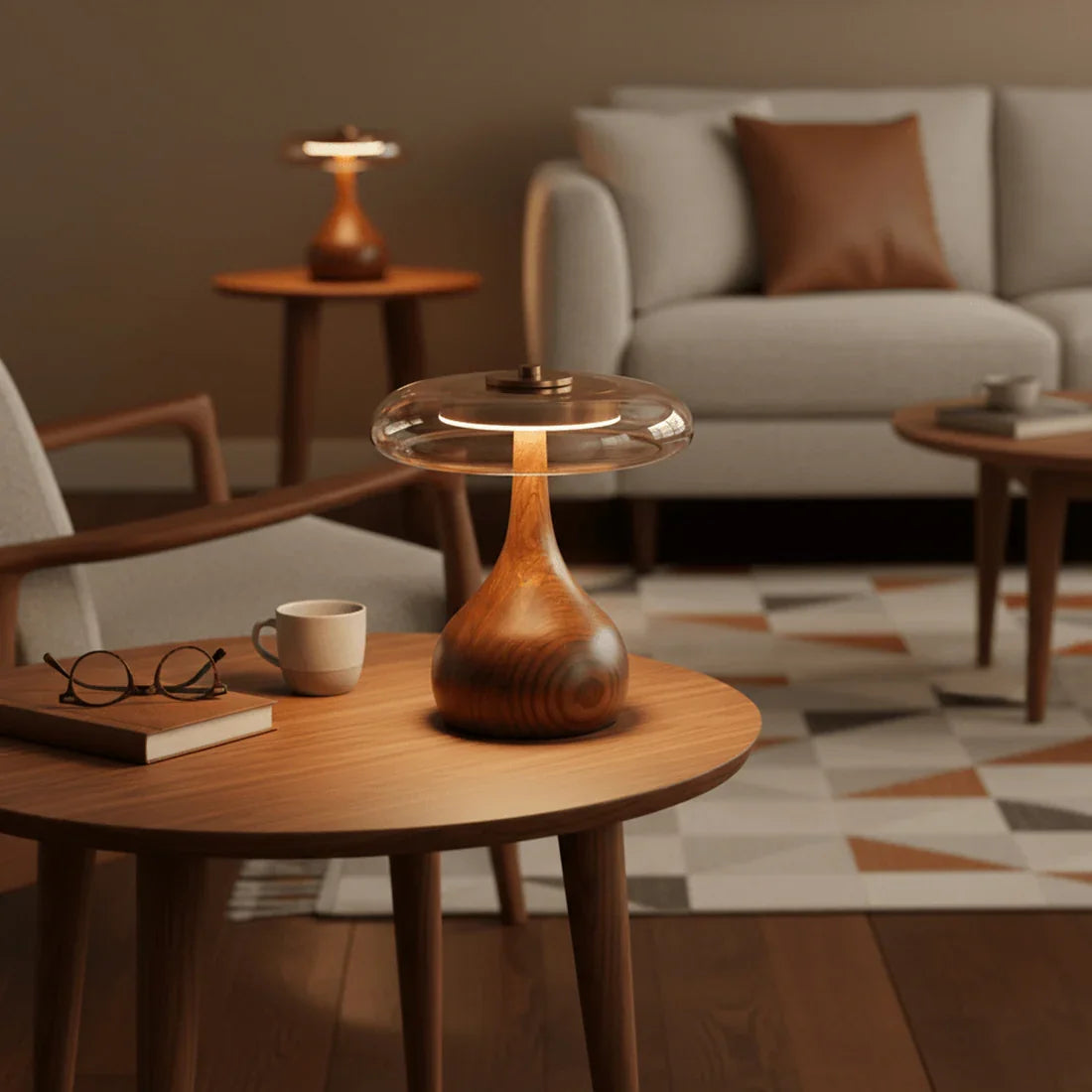 Mid-Century Wood & Glass Disc Table Lamp 6