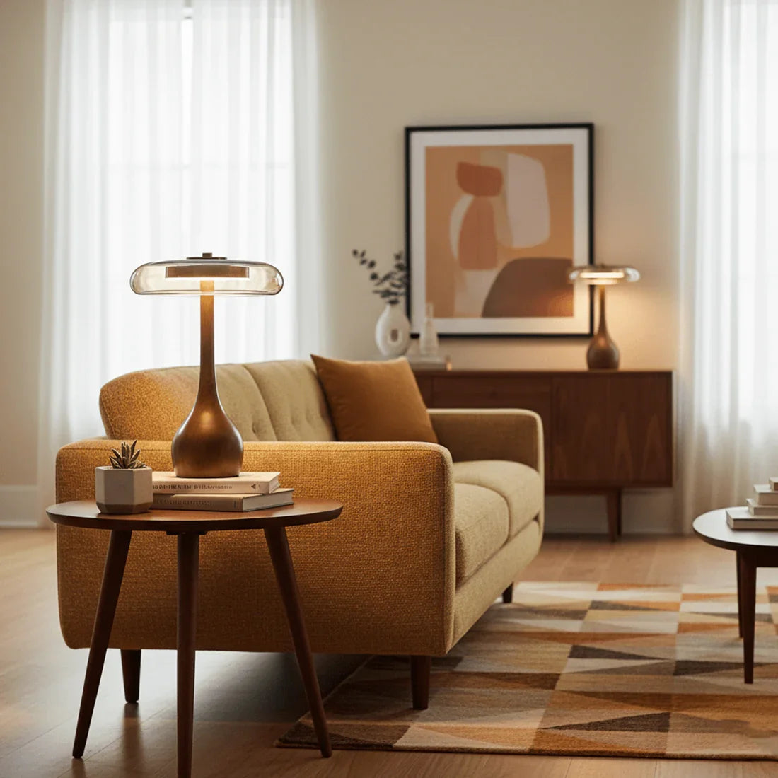 Mid-Century Wood & Glass Disc Table Lamp 7