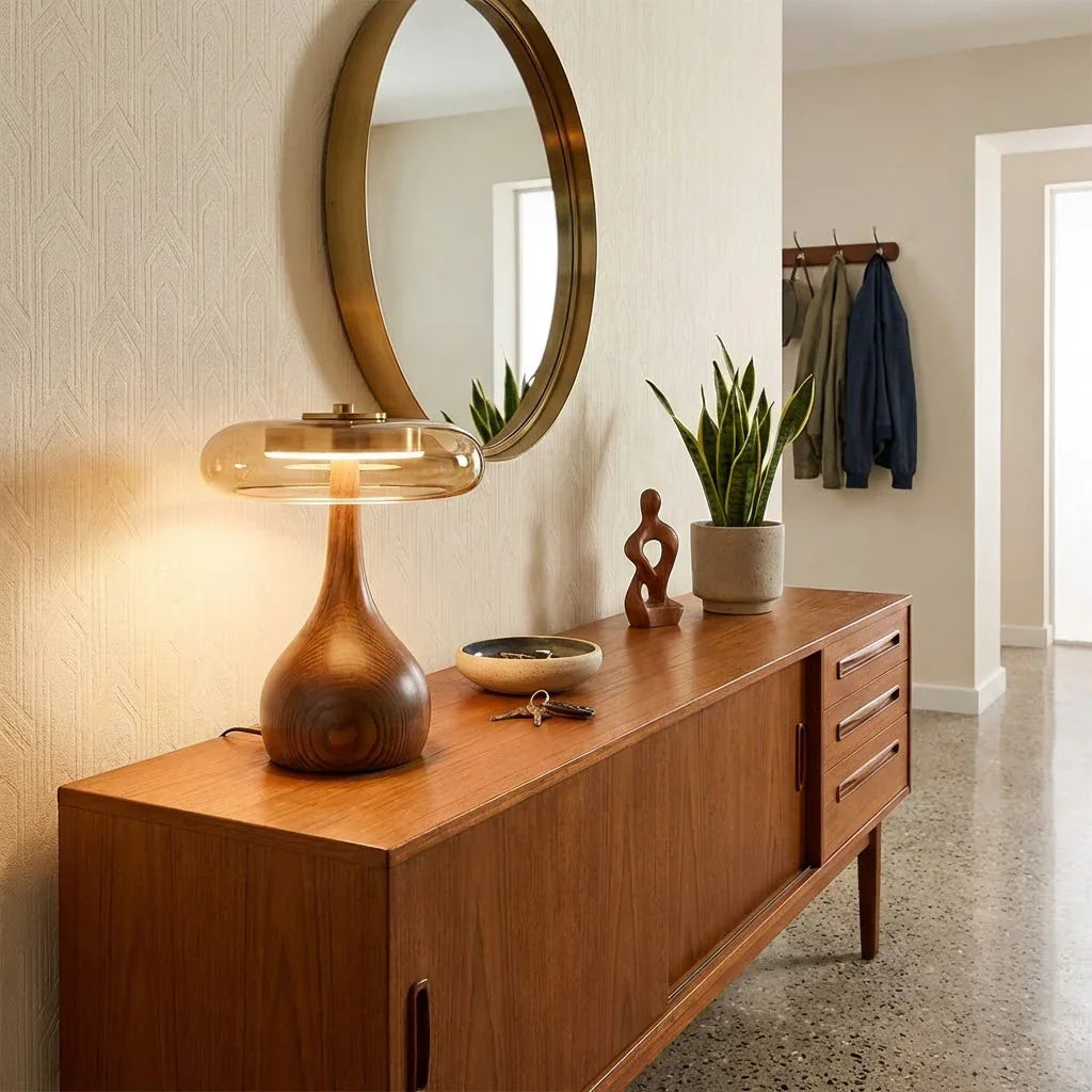 Mid-Century Wood & Glass Disc Table Lamp 8