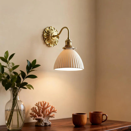 LuxRoyale Mid-Century French Countryside Brass Ceramic Wall Lamp